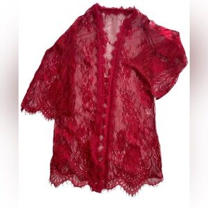 Women’s Sheer Red Lace Kimono Open Floral Vampy Festive Christmas Size L/XL Boho
